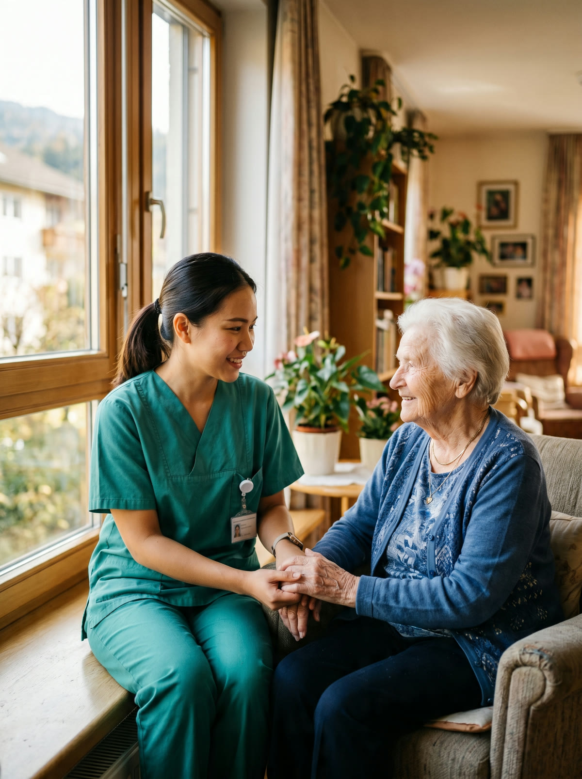 Pflegekraft hält die Hand einer älteren Patientin