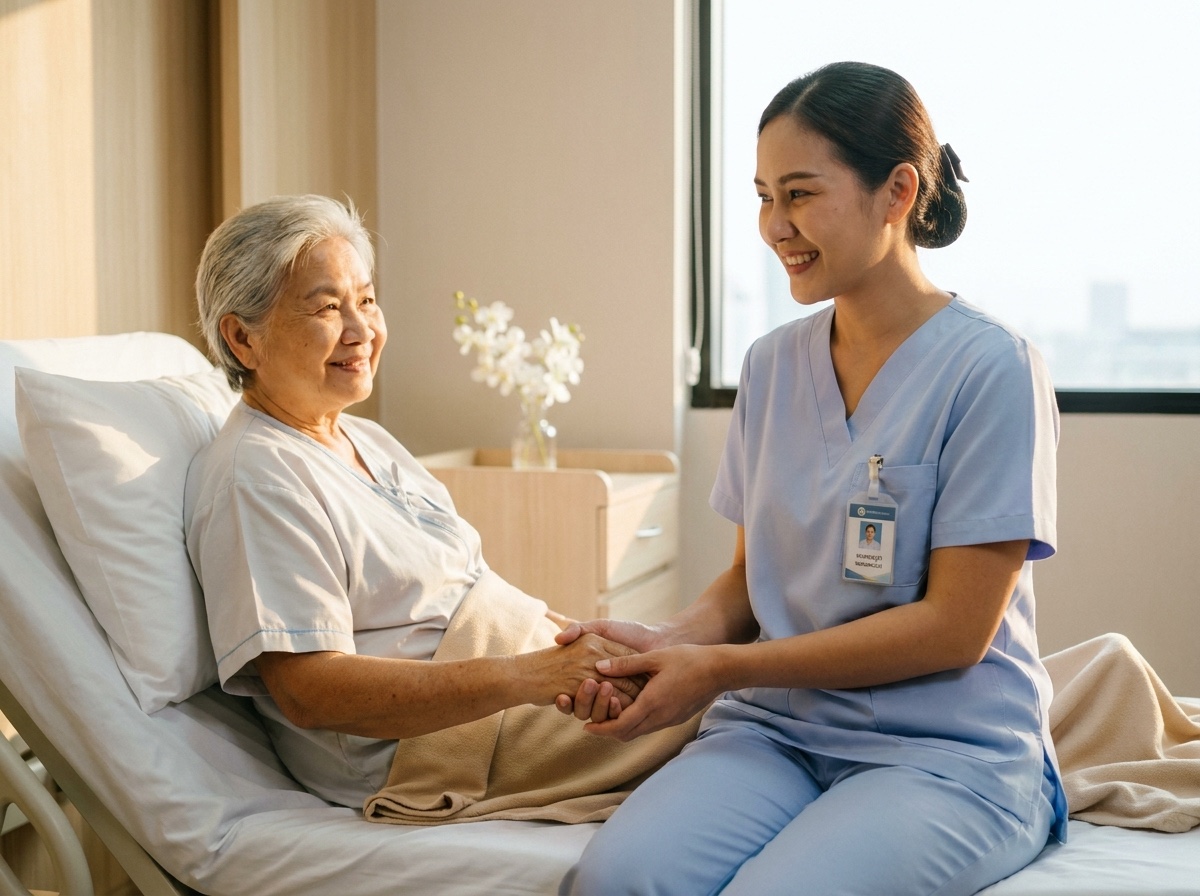 Junge thailändische Pflegekraft hält liebevoll die Hand einer älteren Patientin am Krankenbett