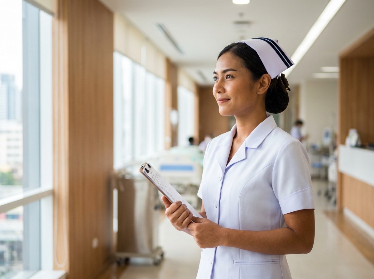 Thailändische Pflegekraft in traditioneller weißer Uniform in einem modernen Krankenhaus in Bangkok